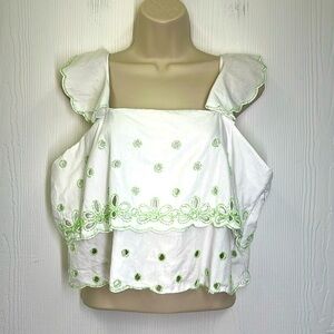 Urban Outfitters - White Tank With Green Beaded Design Tiered Crop Top Size Med